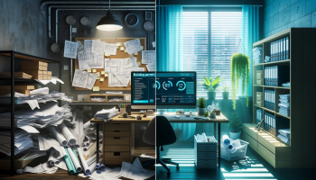 DALL·E 2023-10-22 17.05.21 - Photo of two contrasting workspaces side by side. On the left, a ...png